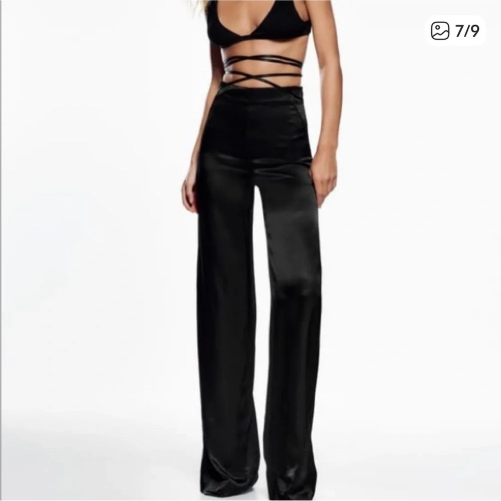 Zara satin effect high waisted pants with waist ties - Picture 2 of 5
